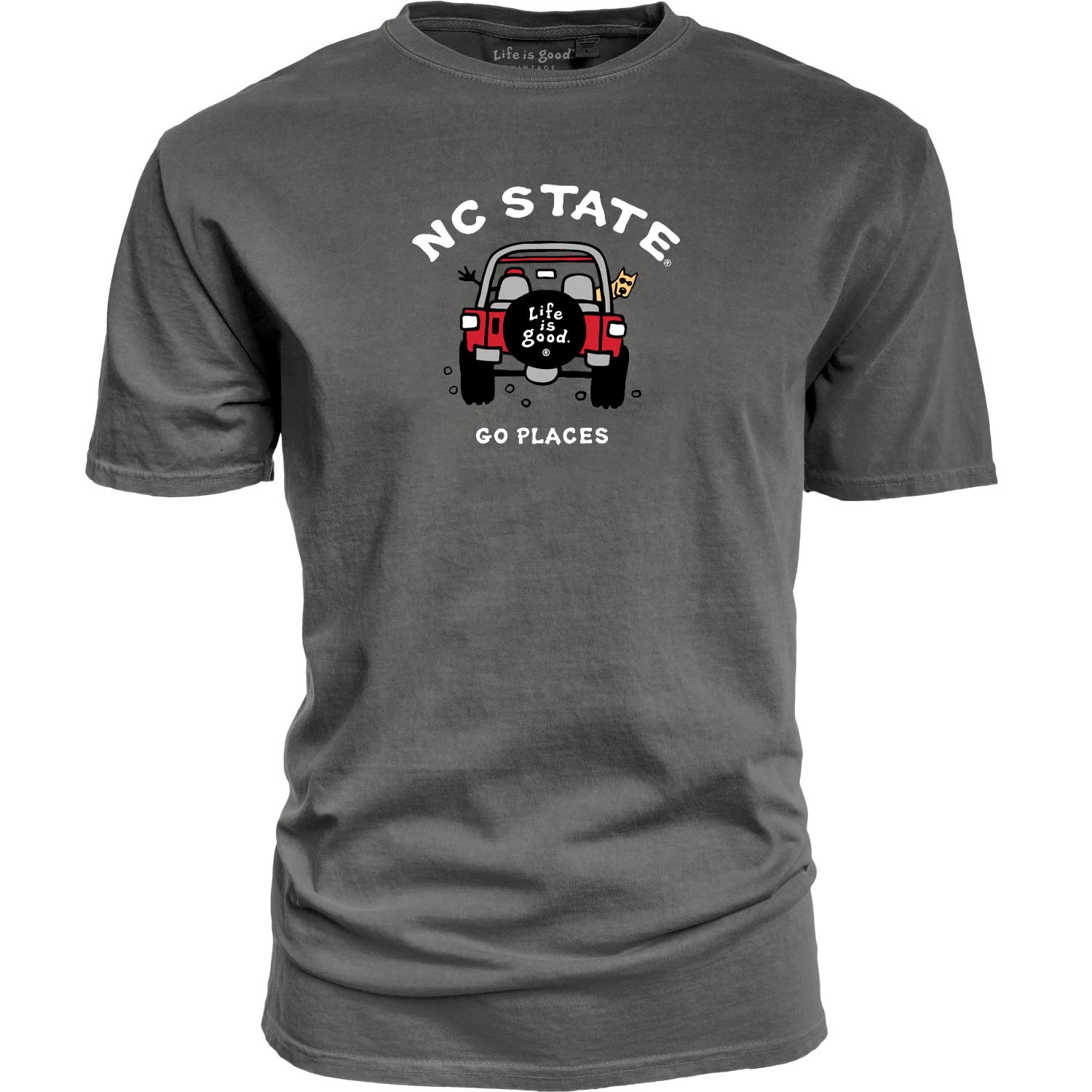 NC State Wolfpack Life Is Good Black Dyed Ringspun Jake 4x4 T-Shirt