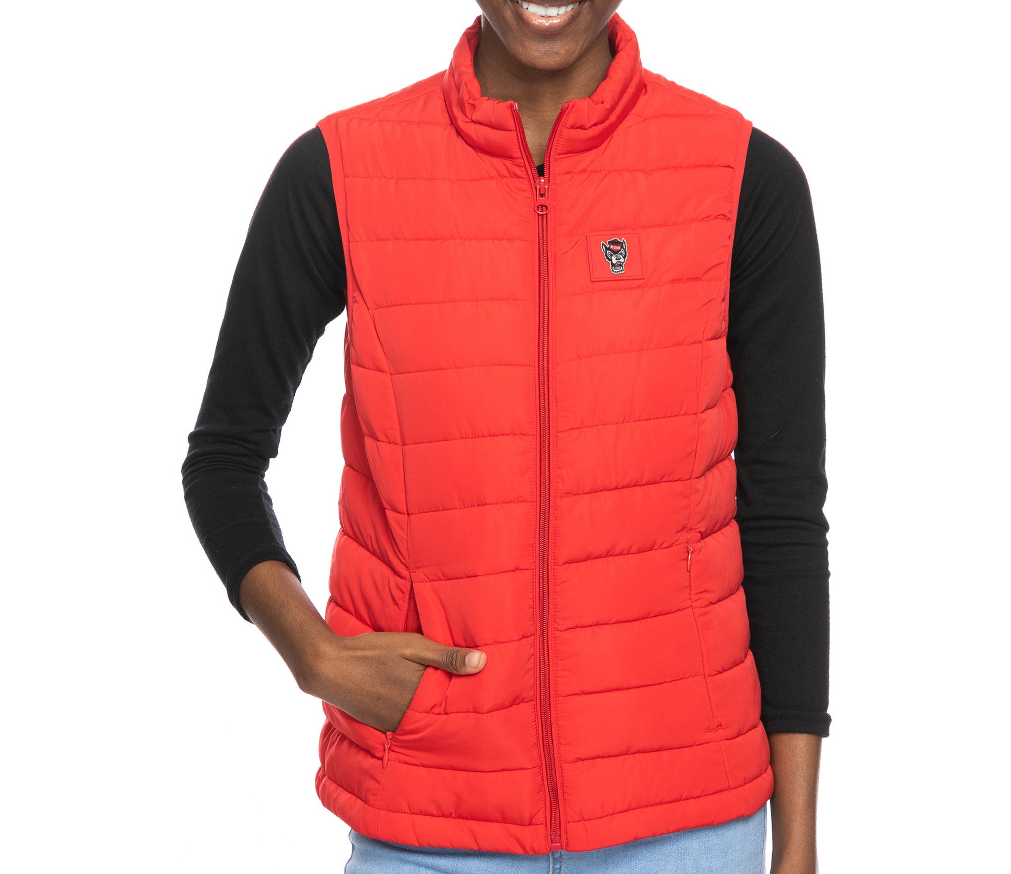 Zelos Womens Puffer Vest Jacket Size L Full Zip Sleeveless Black Red  Interior 