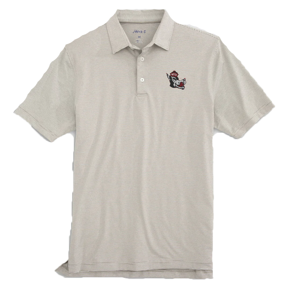 NC State Wolfpack Johnnie-O Grey and White Striped Slobbering Wolf Lyndon Polo