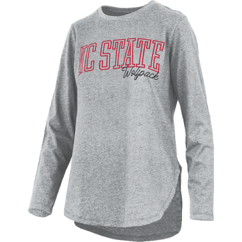 NC State Wolfpack Women's Grey Rockdale Rounded Bottom Hi-Lo Long Sleeve T-Shirt