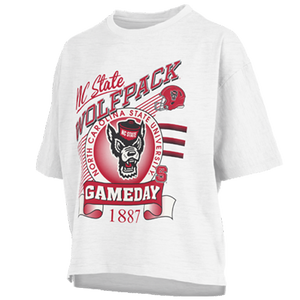 NC State Wolfpack Women's White Calgary Wolfhead Oversized Crop Top