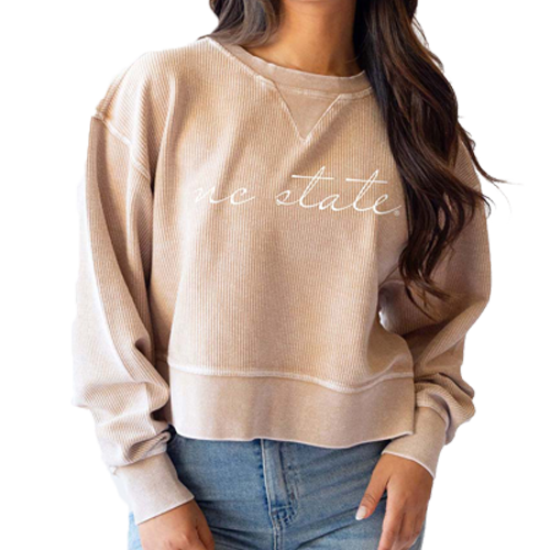 NC State Wolfpack Women's Latte Corded Script Waist Length Crewneck Sweatshirt