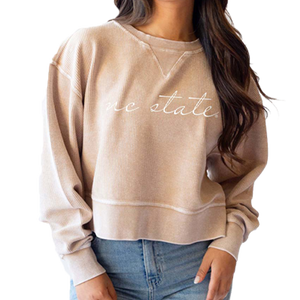 NC State Wolfpack Women's Latte Corded Script Waist Length Crewneck Sweatshirt