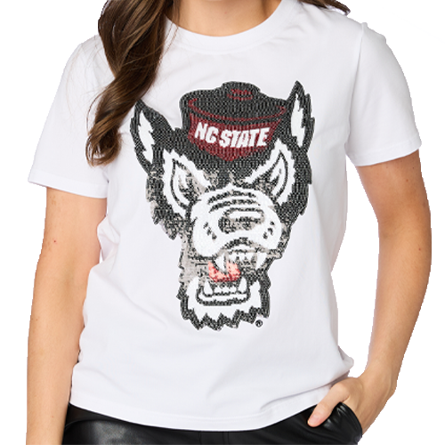 NC State Wolfpack Women's White OG Sequin Wolfhead T-Shirt