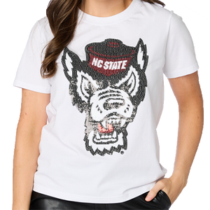 NC State Wolfpack Women's White OG Sequin Wolfhead T-Shirt