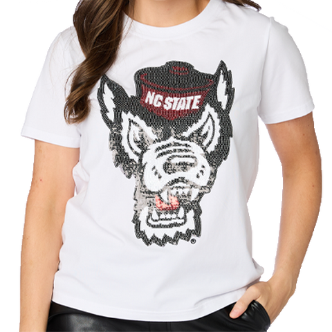 NC State Wolfpack Women's White OG Sequin Wolfhead T-Shirt