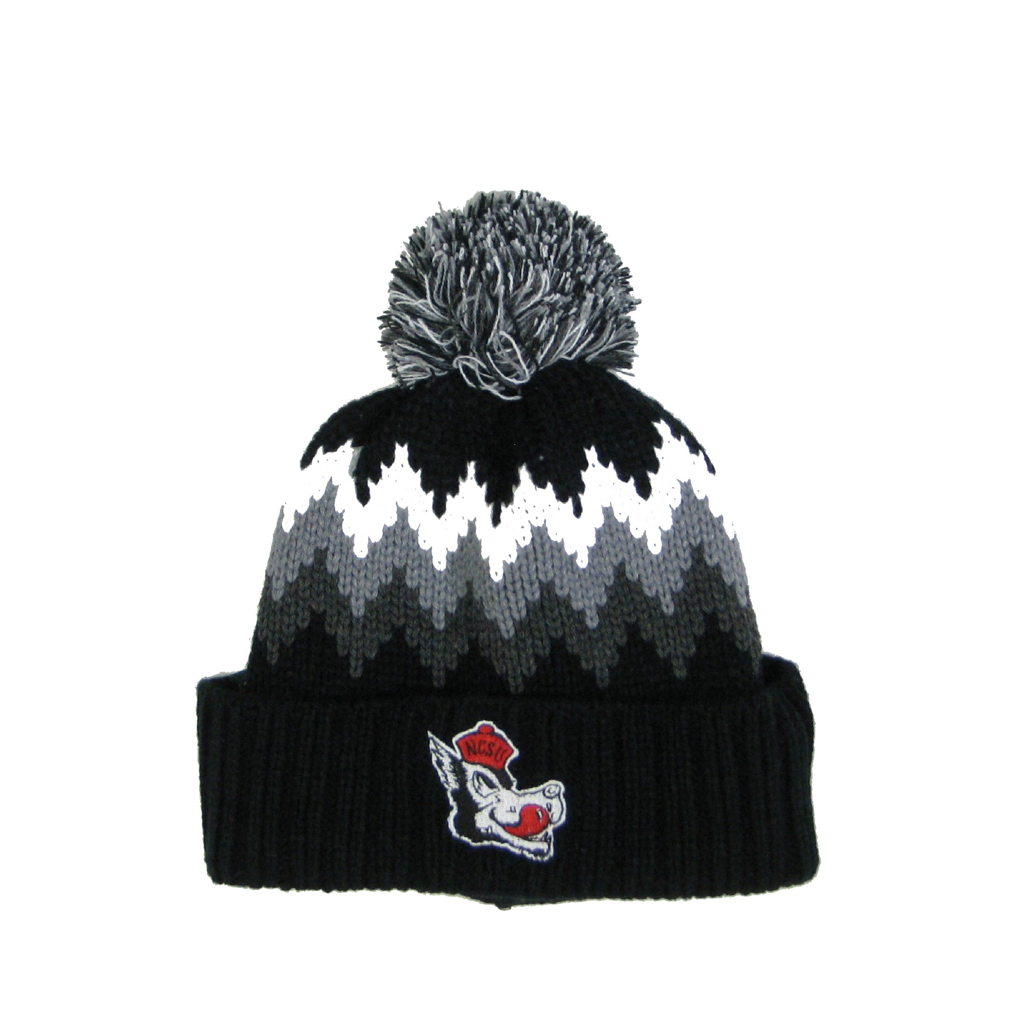 NC State Wolfpack Black White and Grey Zig Zag Slobbering Wolf Pom Beanie